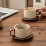 Vintage Wooden Handle Ceramic Coffee Cup with Saucer 250 Ml Large Capacity Tea Cup Modern Afternoon Tea Dessert Coffee Cup