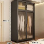 Minimalist open wardrobe closet with metal frame in a modern bedroom setting