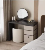 Minimalist wood dressing table with mirror and three storage drawers in modern bedroom setting