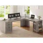 Farmhouse 67" L Shaped Desk with 3 Drawers, Executive Desk, Home Office Desks with Storage Shelves, Corner Computer,
