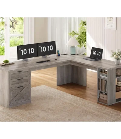 Farmhouse 67" L Shaped Desk with 3 Drawers, Executive Desk, Home Office Desks with Storage Shelves, Corner Computer,