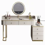 White MDF dressing table with mirror and stool in a modern bedroom setting