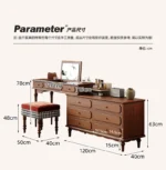 Minimalist oak wood dressing table with mirror, stool, and six drawers in a modern bedroom setting