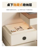 Modern lifting vanity table with mirror in cream finish, featuring rotating top and adjustable height for bedroom use
