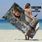 Custom photo beach towel with a vibrant family photo, lying on the sand near the ocean