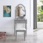 Modern white dressing table with mirror and stool in a bedroom setting