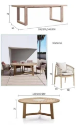 French retro oval dining table with natural wood top and teak base in a dining room setting