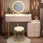 French white wooden dressing table with mirror and stool in a modern bedroom setting