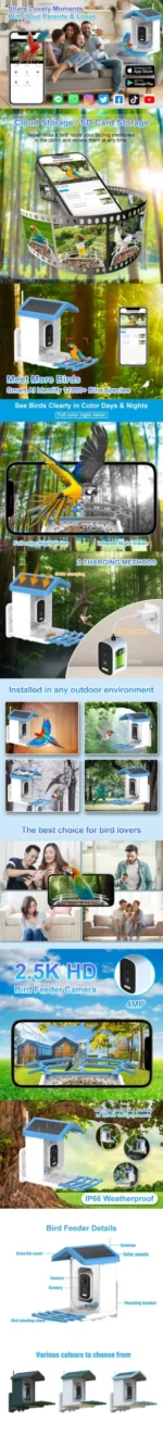 Bird feeder camera at dusk, with the solar panel charging light glowing, set in a quiet garden corner.