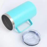 24oz double wall coffee mug with handle and leak-proof lid on a wooden table