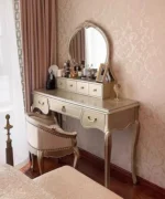 Nordic dressing table with mirror and stool in white solid wood finish