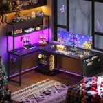 53 Inch L Shaped Gaming Desk with LED Lighting, Reversible Desk with Power Outlets, Customized