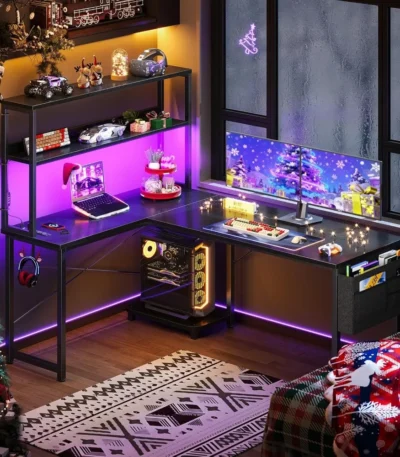 53 Inch L Shaped Gaming Desk with LED Lighting, Reversible Desk with Power Outlets, Customized