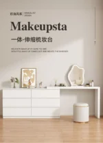 White dressing table with mirror, 6 drawers, and matching stool for bedroom vanity and makeup storage