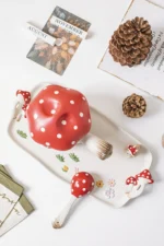 Creative Cartoon Cute Girl Heart Red Mushroom Ceramic Tableware Single Handle Bowl Soup Pot Breakfast Plate – angled view