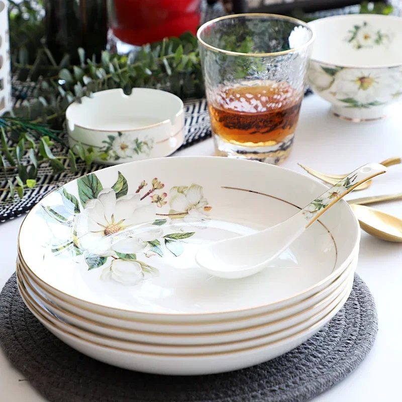 Bone China Dinnerware, Household Ceramic Rice Bowl, Deep Dishes, Soup Pots, Steak Flat Plate, Delicate Floral Tableware
