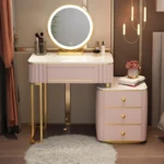 French white wooden dressing table with mirror and stool in a modern bedroom setting