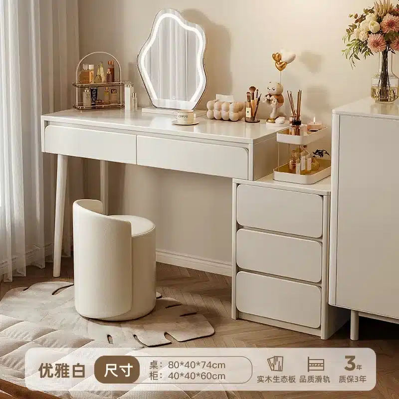 Solid Wood Dressing Table with Mirror and Stool - White