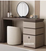 Minimalist wood dressing table with mirror and three storage drawers in modern bedroom setting