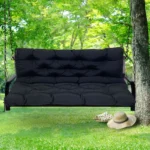 Outdoor bench cushion on a wooden garden bench with vibrant floral pattern