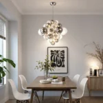 Smoky gray chandelier with glass bubbles hanging over a modern dining table