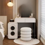 Modern white wood dressing table with mirror and three drawers in bedroom setting