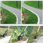 Goldoma grass trimmer held by hand, showing ergonomic handle and blade, on a lawn.