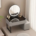 Modern minimalist dressing table with storage shelf for makeup organization in a bedroom