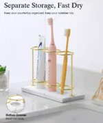 2-layer electric toothbrush holder holding toothbrushes, toothpaste, and a razor in a modern bathroom.