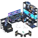 79 inch L Shaped Desk with 5 Drawers, Reversible L Shaped Gaming Desk with LED Light & 2 Power Outlets, Customized