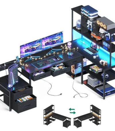 79 inch L Shaped Desk with 5 Drawers, Reversible L Shaped Gaming Desk with LED Light & 2 Power Outlets, Customized