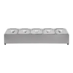 Stainless steel spice rack with 5 pans and lids on kitchen countertop