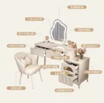 Modern wood makeup vanity table with mirror, drawer, and stool in a bedroom setting