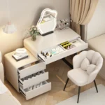 Modern bedroom vanity table with mirror and storage drawers, makeup vanity desk with stool