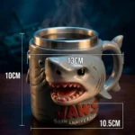 Jaws 50th Anniversary 3D shark mug on a wooden table with coffee
