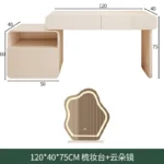 White wooden dressing table with mirror and stool in a modern bedroom setting, featuring LED lighting and organized drawers - Goldoma dressing table with mirror