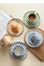 Simple Striped Ceramic Teacup Hotel Café Porcelain Coffee Cup 280ml Office Mug Breakfast Bread Dessert Mug Gift Table