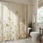 Beige Floral Shower Curtain Soft Light Effect Botanical Design Elegant Bathroom Decor Waterproof Fabric Nature Inspired