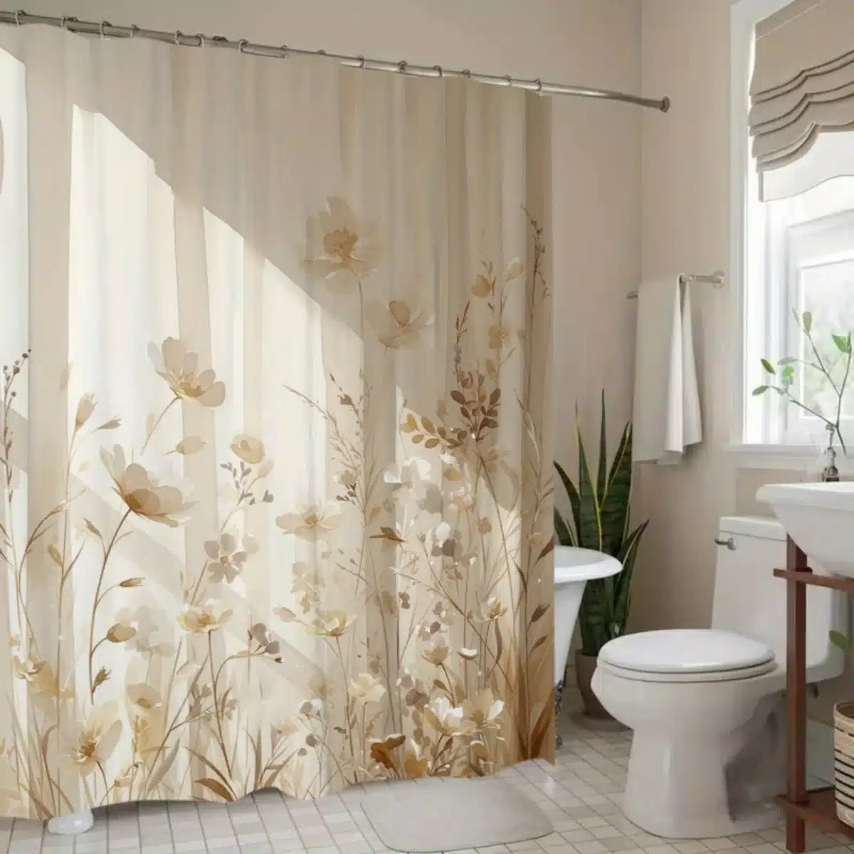 Beige Floral Shower Curtain Soft Light Effect Botanical Design Elegant Bathroom Decor Waterproof Fabric Nature Inspired