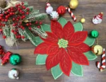 Holiday Christmas Applique Poinsettia Red Green Embroidered Christmas Flower Table Placemat for Home Dinner Xmas Table Top