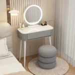 Modern storage vanity table with mirror and stool featuring multiple drawers for bedroom organization