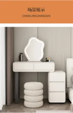 Modern minimalist vanity table with mirror and stool, wood construction, bedroom furniture