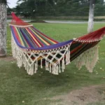 Bohemian Style Double Hammock with Tassels Canvas Fabric Thickened Ropes & Carrying Bag Max Weight Capacity for Outdoor