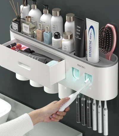 Magnetic Toothbrush Holder Storage Rack Automatic Toothpaste Dispenser Wall-Mounted Waterproof Bathroom Storage Accessories