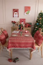 Beautiful Merry Christmas Red Jacquard Christmas Tree Bell Deer Tassel Tablecloth Tea Table Tablecloth Cover Towel