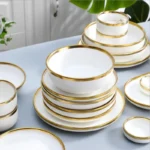 Nordic Style Gold Inlay Bright White Porcelain Dinner Sets Ceramic Bowl Dish Plates Set Porcelain Dinnerware For Household