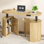 Mid Century Modern Electric Standing Desk with Storage, 55 x 22 Inch Small Sit Stand Up Desk, Wood Adjustable, Customized