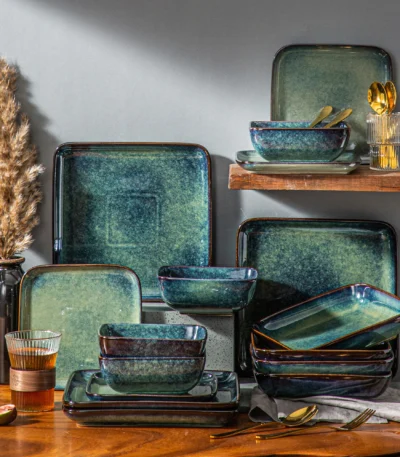 Vancasso Stern Dinner Set Green Square Kiln Change Glaze Tableware 16 Piece Kitchen Dinnerware Ceramic Crockery Set for 4
