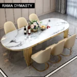 Modern oval marble dining table with gold stainless steel legs seating 6-8 people - Goldoma