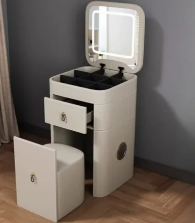 Modern minimalist 3-door solid wood dresser with jewelry organizer in a bedroom setting